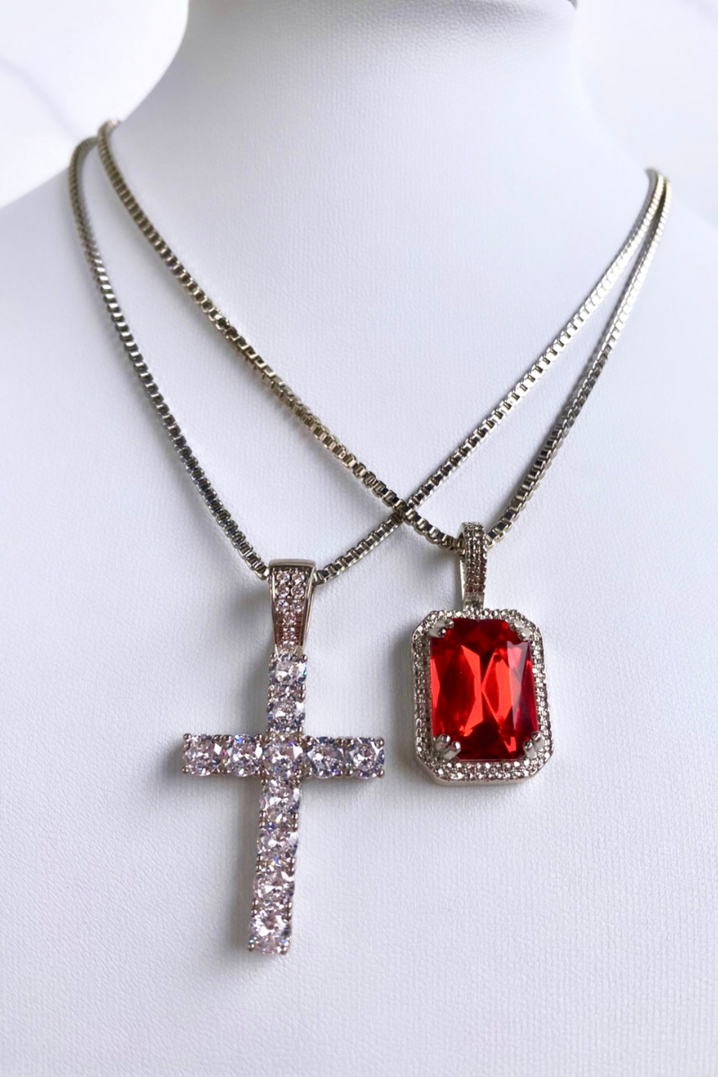 Majestic Silver Cross & Red Ruby Set